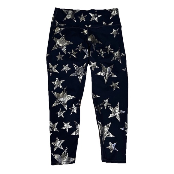 Aerie Chill Play Move Navy  7/8‎ Leggings Silver Metallic Distressed Stars Large - Picture 1 of 1